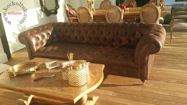 Çatlak Eskitme Gerçek Deri Üçlü Chester Koltuk