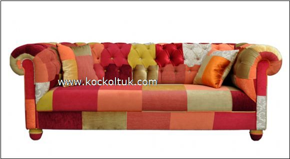 bordo renk yamalı  üçlü chester koltuk