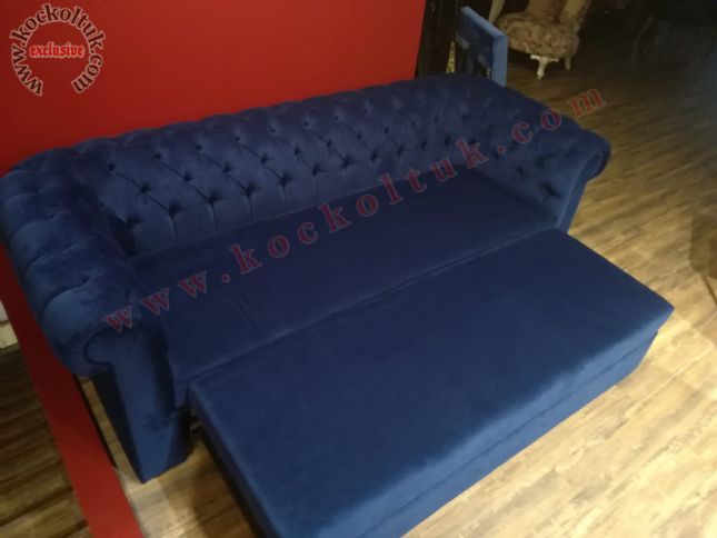 yataklı chester üçlü kanepe mavi dokuma keten